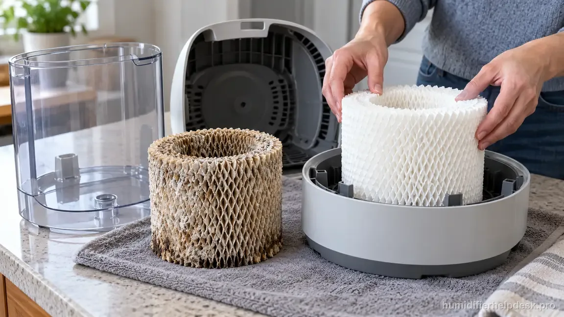A heavily crusted old HCM350 wick is placed beside a clean replacement being fitted in the base.