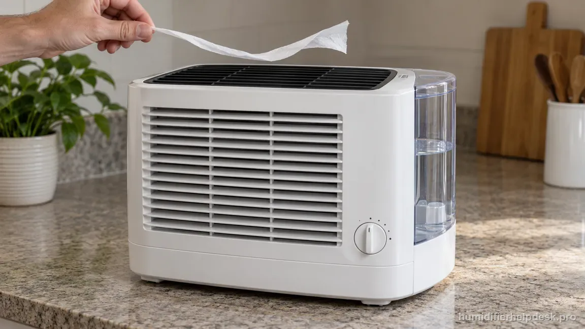 A tissue ribbon bends above the Honeywell HCM350 top air grille as its fan runs without visible fog.