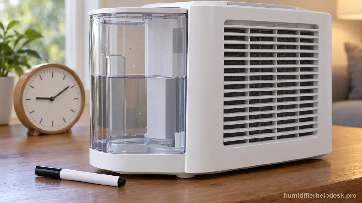 The HCM350 clear side tank shows its water level beside a marker and clock for a later level comparison.