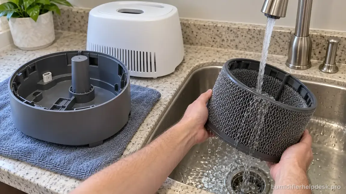 The unplugged HCM350 wick is removed from the base and gently rinsed with cool water at a sink.
