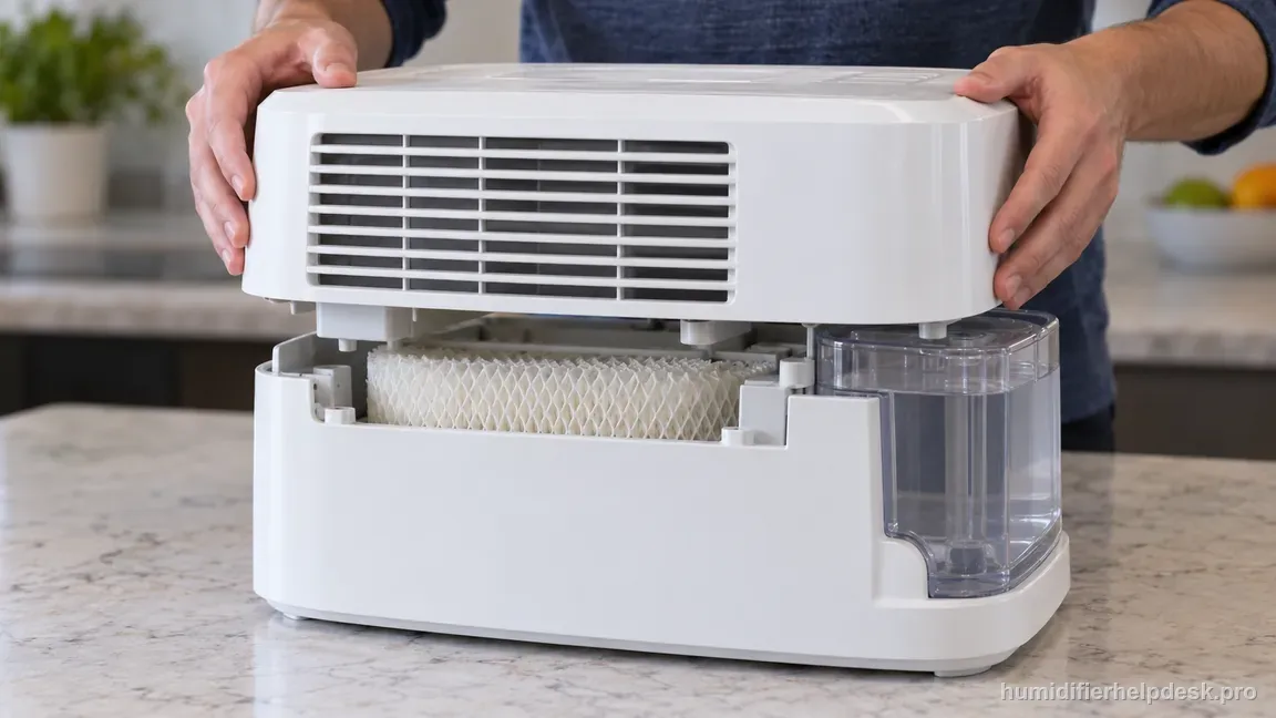 Hands align the HCM350 upper enclosure over its base while the transparent side water tank sits in its cradle.