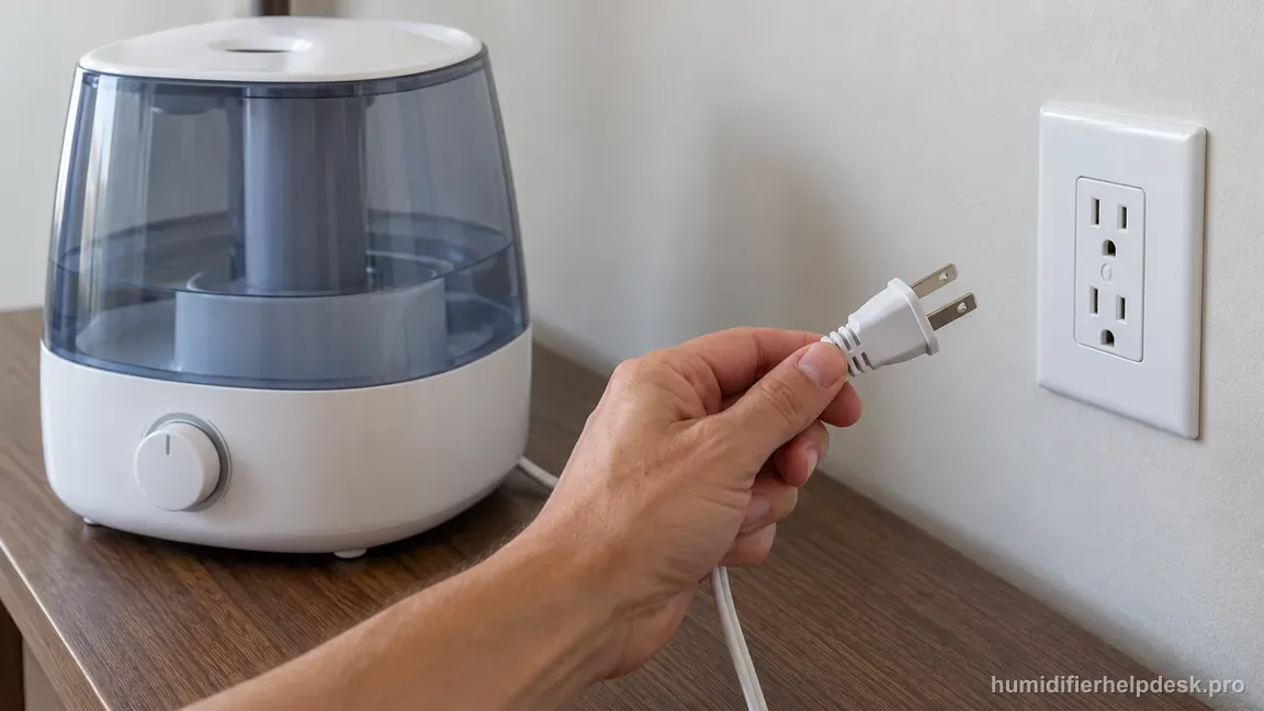 The HCM350 is switched off as its plug is visibly held away from the empty wall outlet before maintenance.