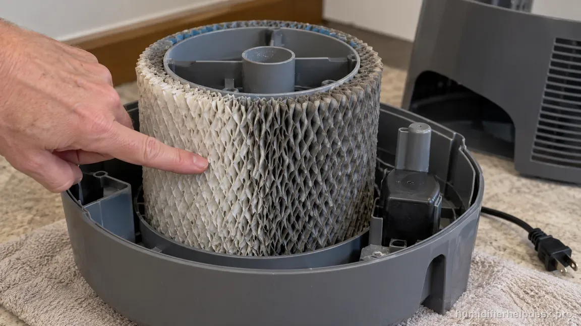 The unplugged HCM350 base is open as a finger checks the gray evaporative wick for a dry patch.