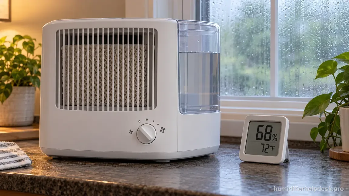 The HCM350 runs in a humid room while a hygrometer reads 68 percent beside a moisture-covered window.