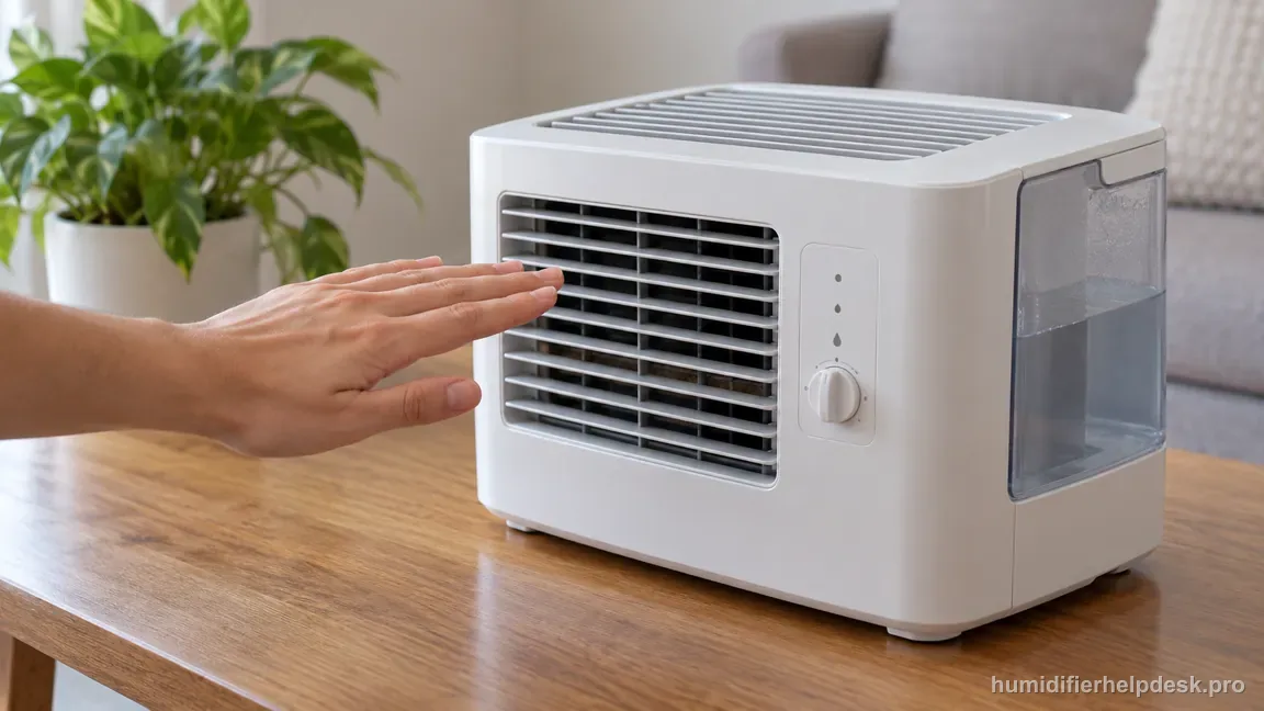 A hand feels cool airflow from a running Honeywell HCM710 front grille without any visible fog.