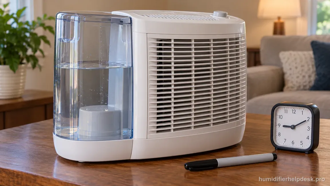 The HCM710 clear side tank water line is marked for comparison beside a clock after several hours.