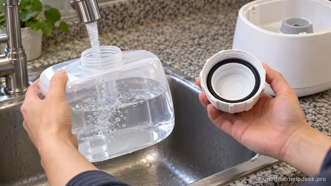 The clear Honeywell HUL520 tank is filled with cool water, and its black cap seal is shown seated correctly.
