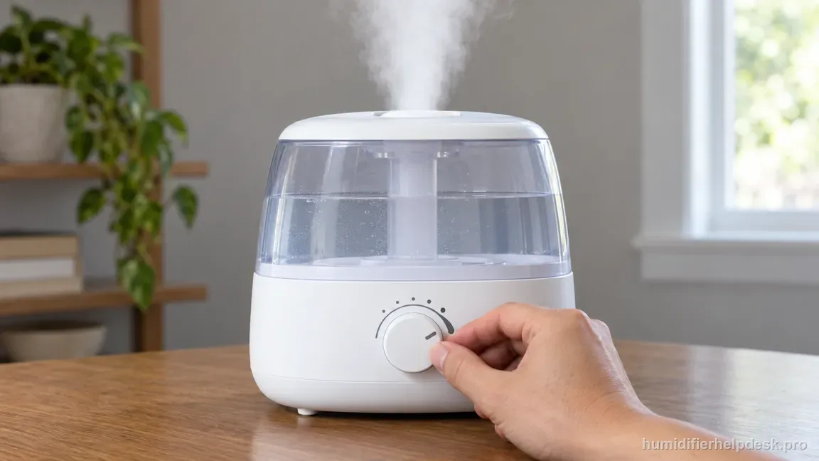 A hand turns the Honeywell HUL520 front Power Knob to the highest setting as visible cool mist rises.