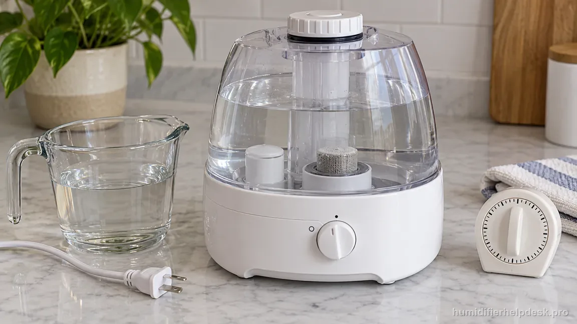 The unplugged HUL520 has a two-cup measure, clear water tank, scale-covered nebulizer and float soaking passively in vinegar.