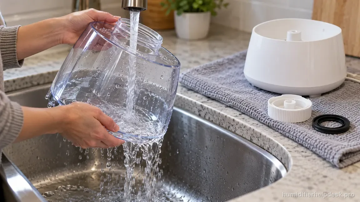The detached clear water tank is rinsed with clean water while the unplugged HUL520 base stays dry on a towel away from the sink.