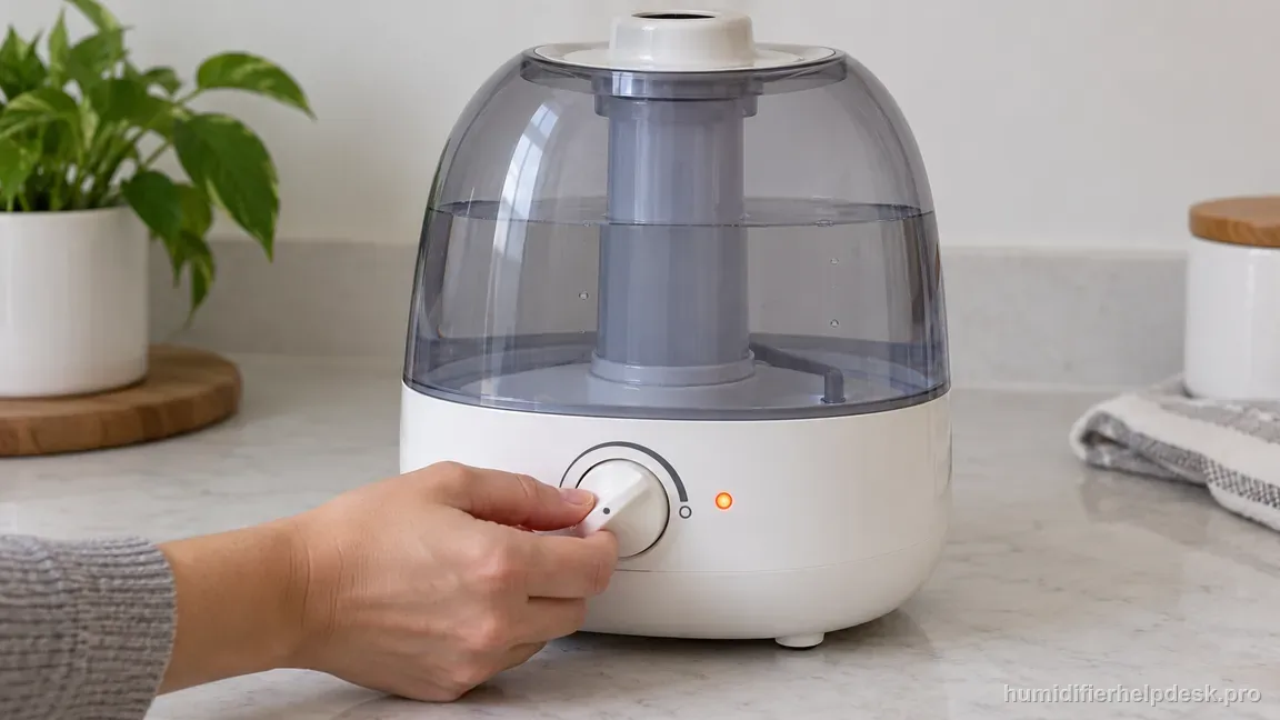 A hand turns the compact HWM845 warm-mist humidifier's front Power Knob to Off while its orange reset indicator remains illuminated.