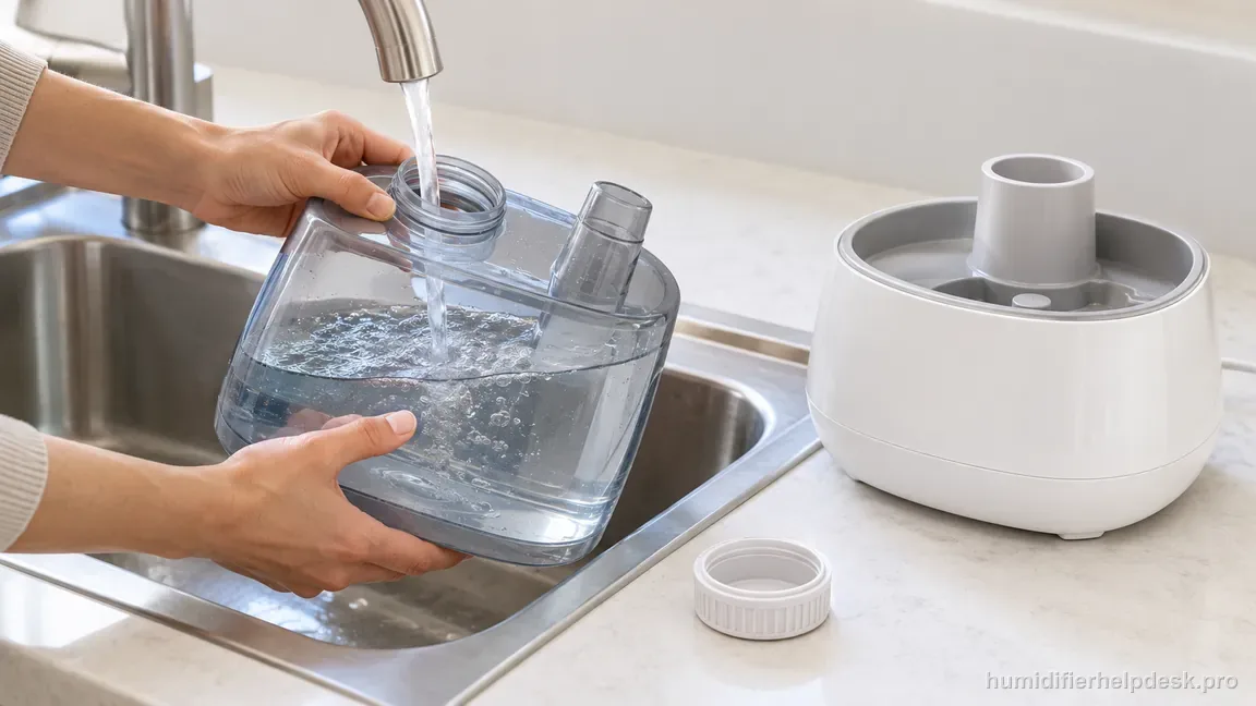 The removed clear HWM845 water tank is filled with cool water at a sink while the switched-off base stays dry nearby.