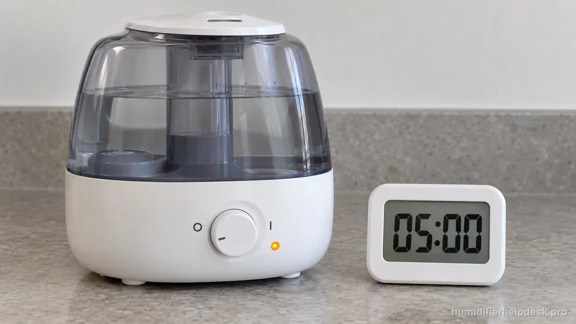 The refilled HWM845 remains switched off beside a digital timer displaying exactly 05:00 before restart.