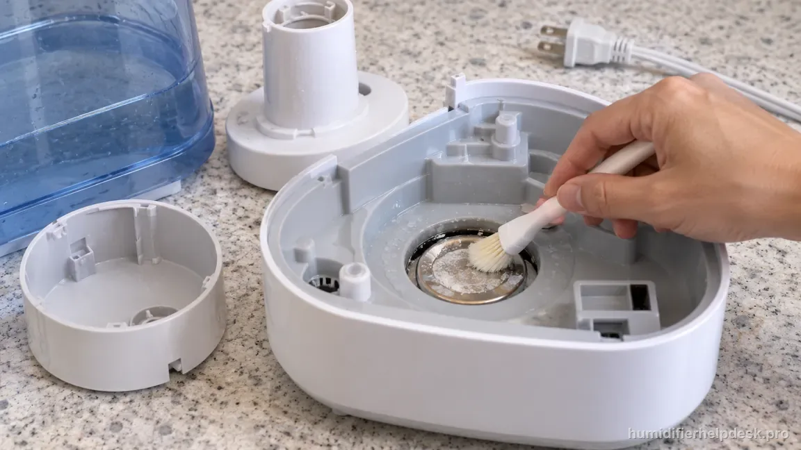 A soft brush gently removes mineral scale from the exposed HWM845 heating element while the unplugged, cooled unit is disassembled for cleaning.