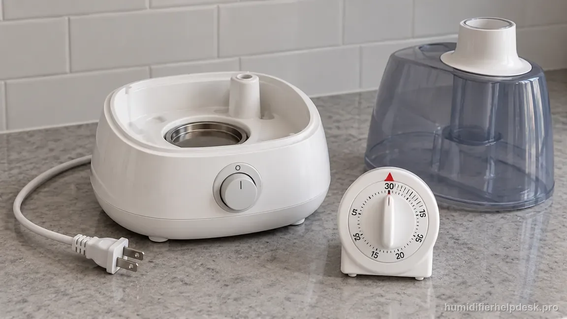The HWM845 is unplugged with its tank removed and a 30-minute timer beside the cool, switched-off base before cleaning.