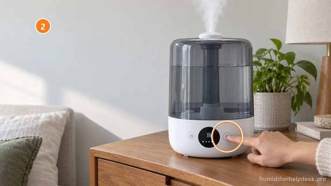 Close view of a finger pressing the Classic 300S mist-level button as a visible plume confirms output.