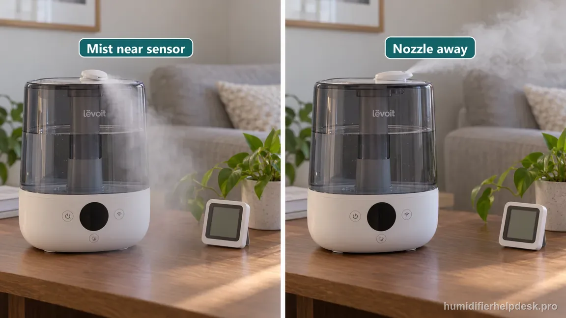 Two-panel comparison showing mist aimed toward the sensor versus redirected away from it.