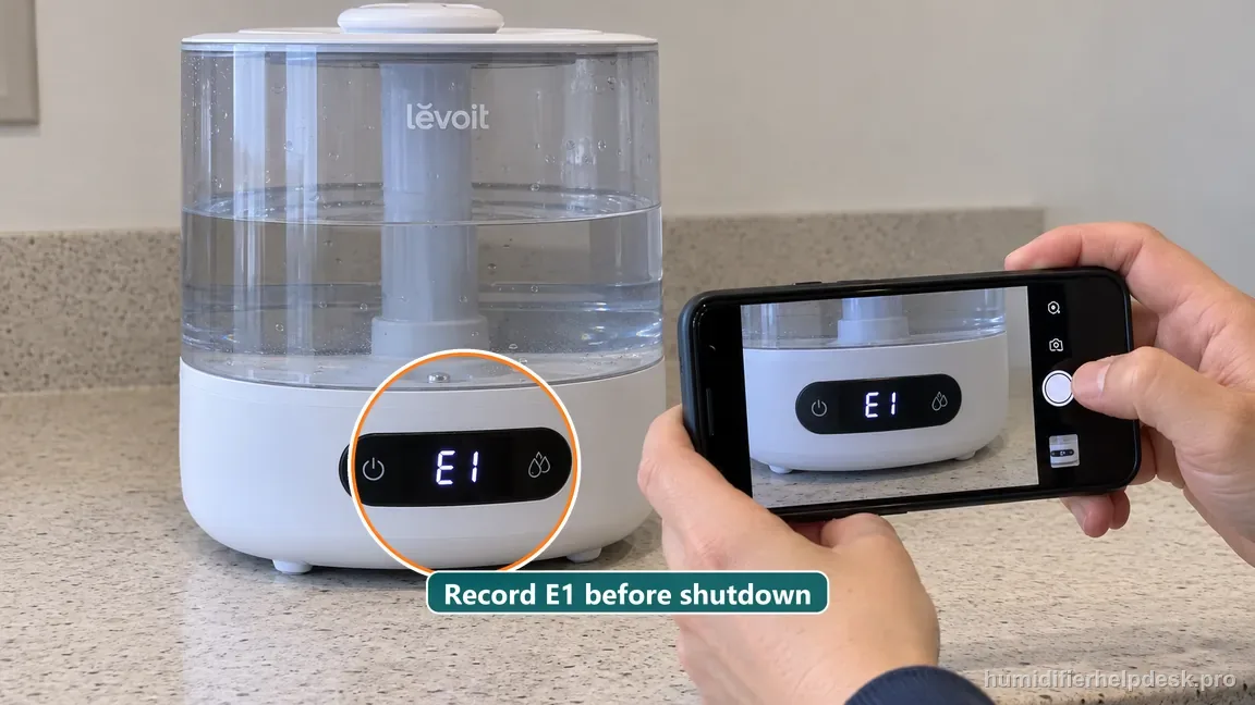 Photograph the illuminated E1 code on the Classic 300S display before switching the humidifier off and unplugging it.