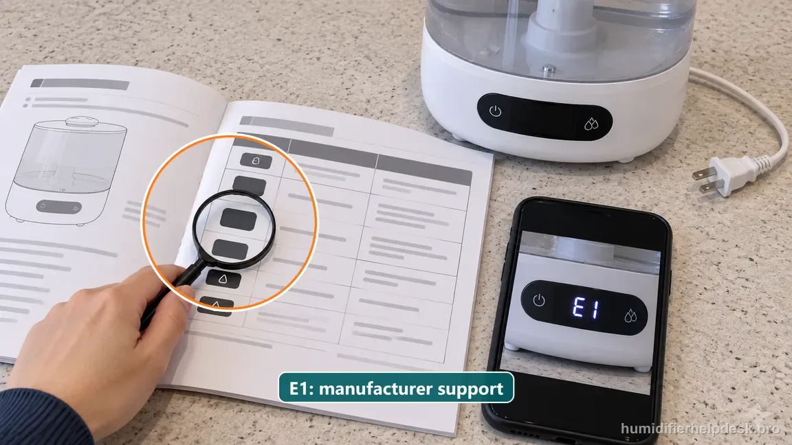The unplugged Classic 300S sits beside its manual and a phone displaying a saved E1 error photo for manufacturer guidance.