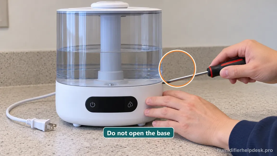 A screwdriver is shown near the closed base seam of an unplugged Classic 300S with a warning not to open it.