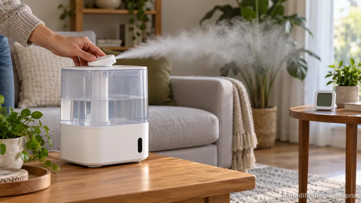 The Levoit Classic 300S mist outlet is aimed away from its side sensor and a separate hygrometer sits outside the mist plume across the room.