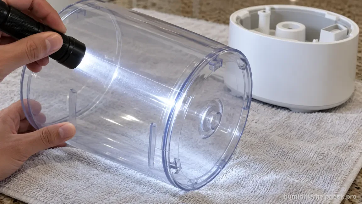 A flashlight shines through the removed, dry clear tank as its plastic wall and molded seam are inspected.