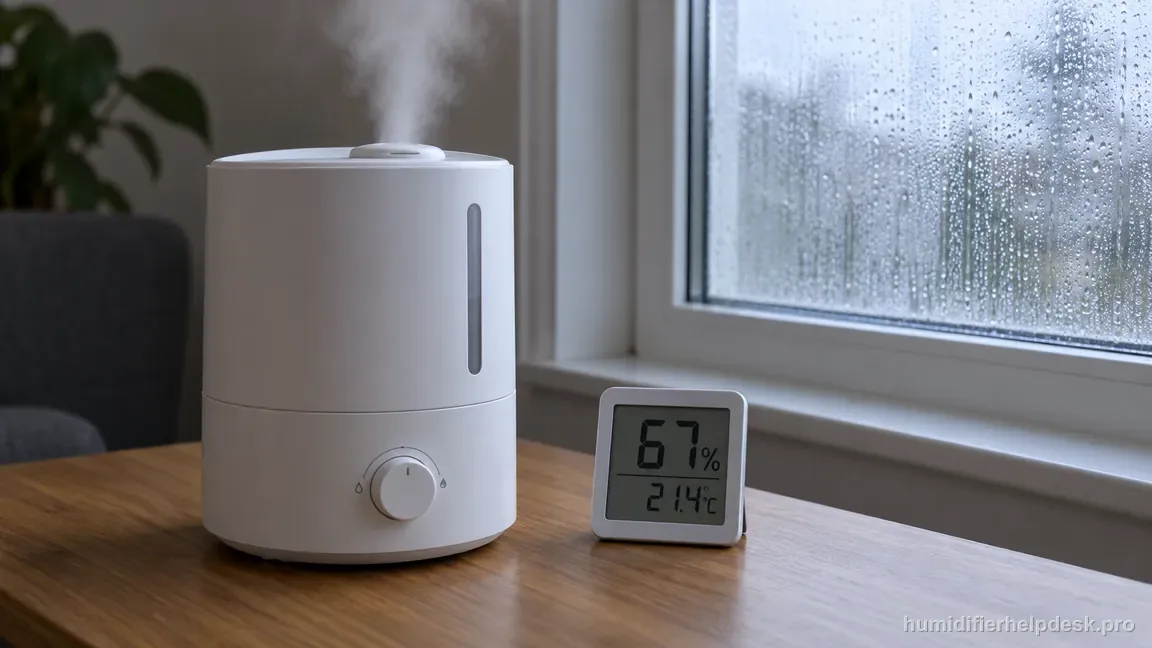 A room hygrometer reads 67 percent beside a Classic 300S on low mist near a window with condensation.