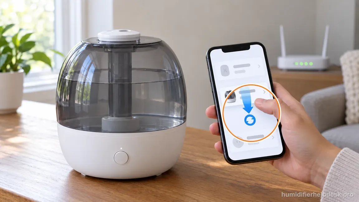 A finger swipes down on a generic humidifier device list to refresh the app state.
