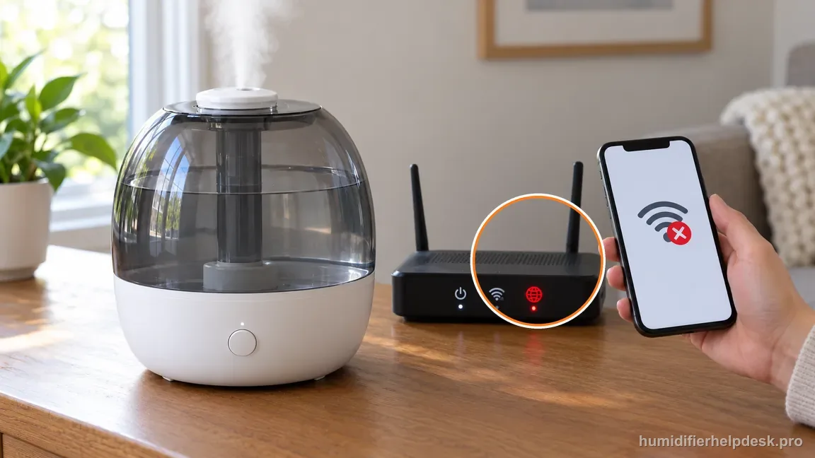 The humidifier runs locally while the router and phone show an internet outage.