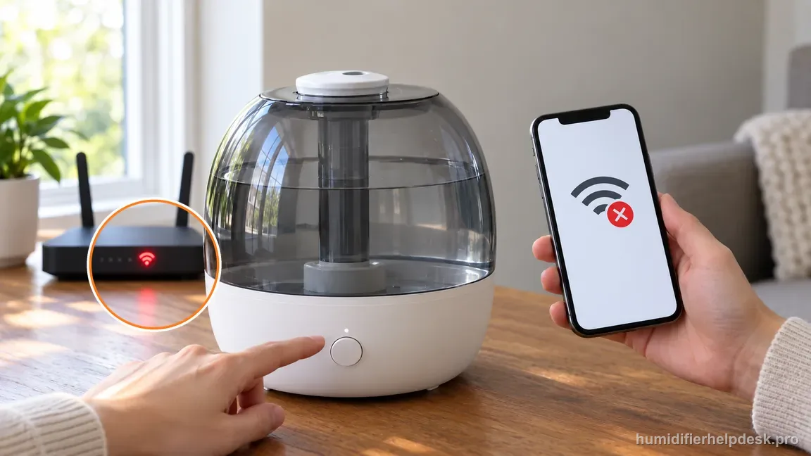 A finger pauses near the humidifier control while the router shows an internet problem.