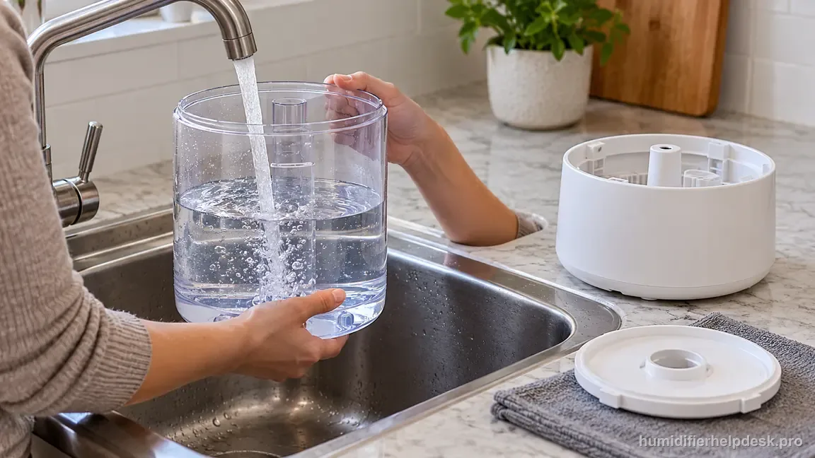 The clear Classic 300S water tank is filled separately at a sink while its unplugged base stays on a dry counter.