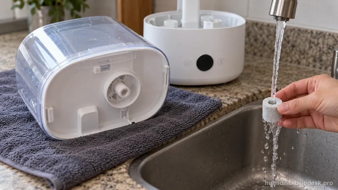 The removed Classic 300S tank lies on a towel while its detached cylindrical water filter sponge is rinsed alone.