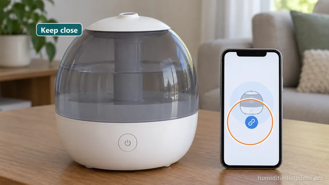 Keep the phone close beside the rounded Classic 300S while VeSync discovers the humidifier.