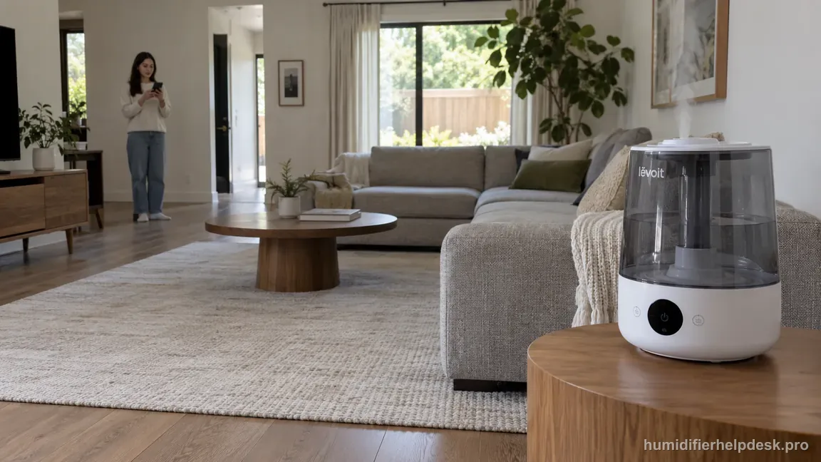The phone is across the living room from the powered Classic 300S, illustrating a setup distance that should be shortened.