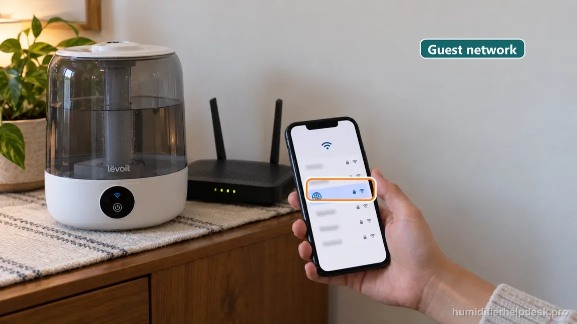 A guest network is selected on the phone beside the Classic 300S router, illustrating a captive-portal onboarding risk.