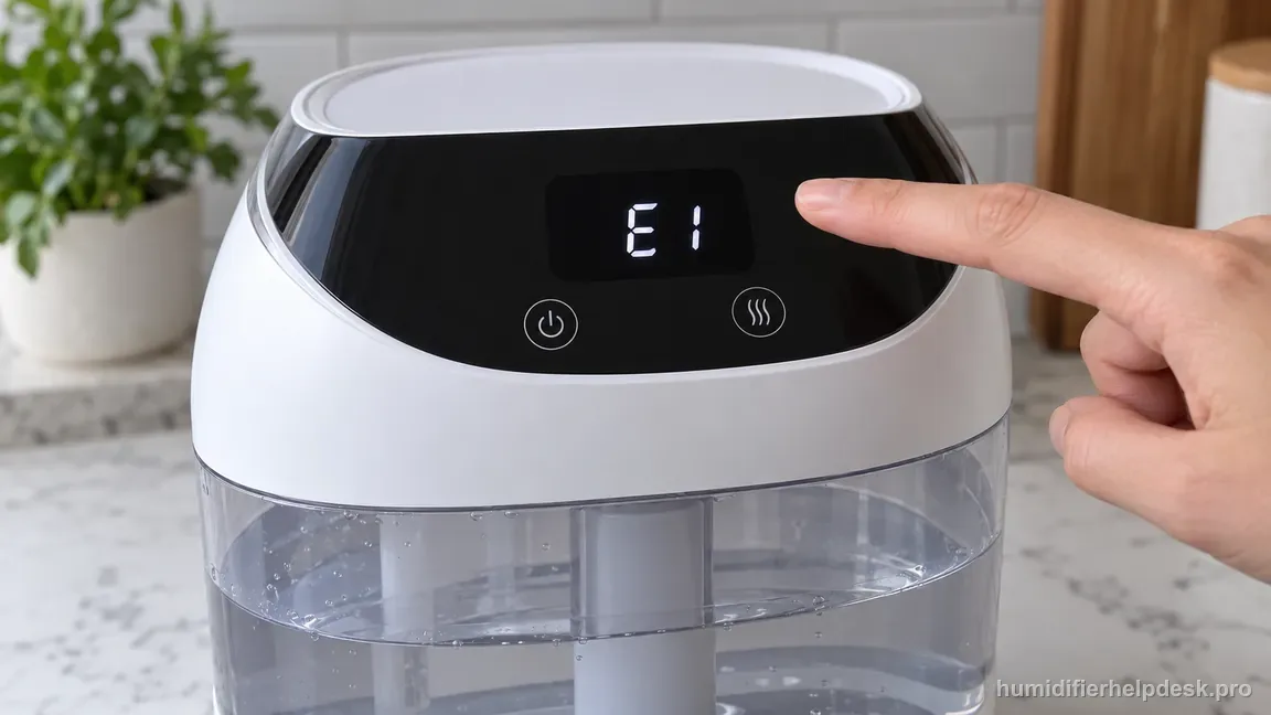 The Levoit Dual 200S display clearly shows the E1 fault code while a hand points nearby without touching the controls.