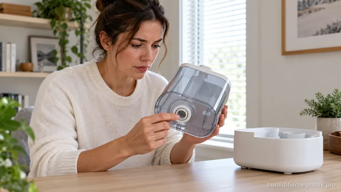 The Levoit Dual 200S water tank is tilted to show its outlet valve while a fingertip checks the circular silicone seal.