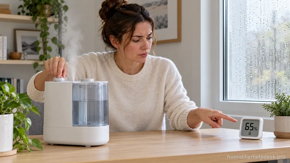 A room hygrometer reads 65 percent beside the Dual 200S while the owner lowers its mist output near a condensed window.