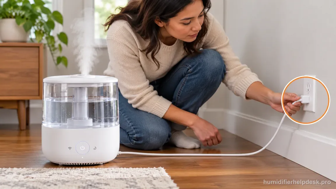 A person checks the Levoit Dual 200S power cord at a dry wall outlet while the humidifier stands nearby.