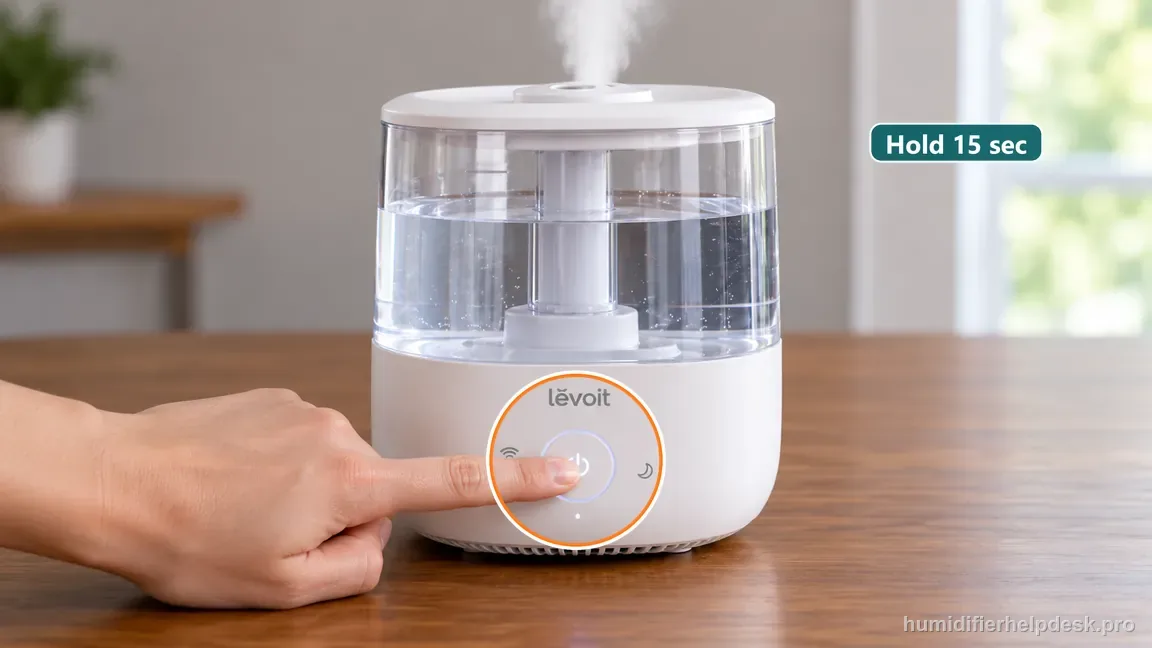 A person holds the Levoit Dual 200S front power button for its documented long reset while the unit stays assembled.