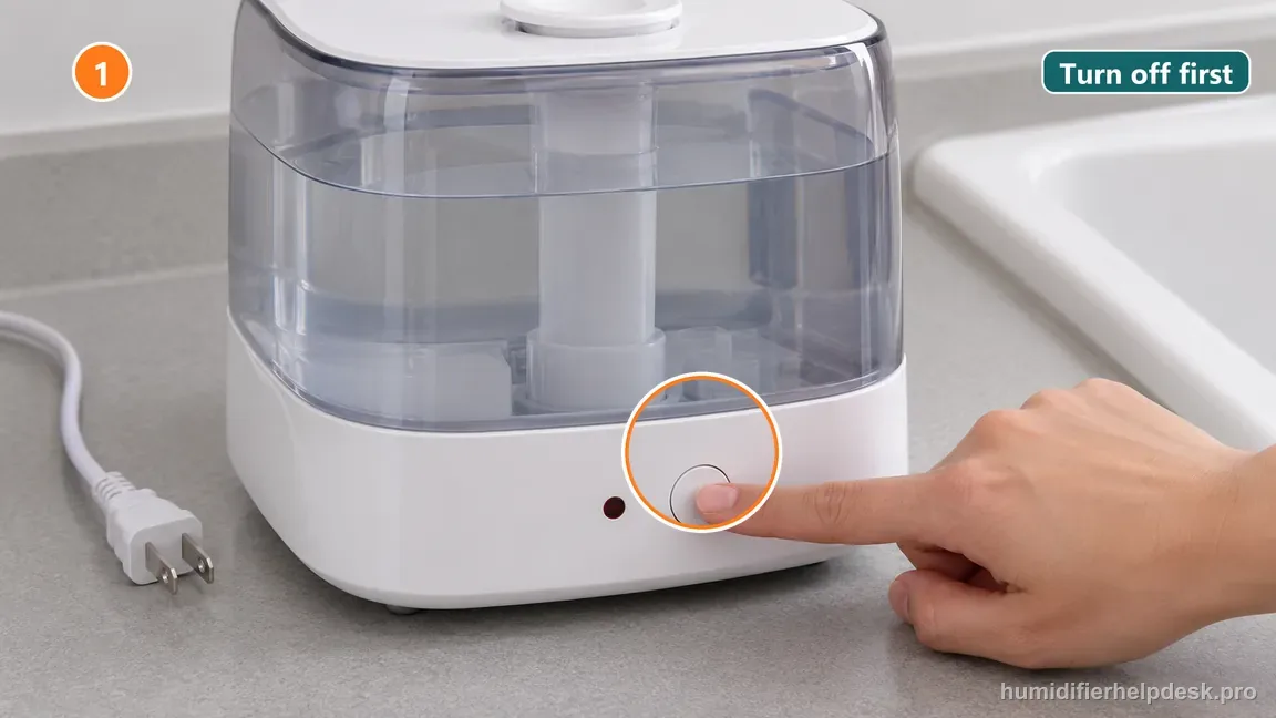 A hand switches off the humidifier and its unplugged cord rests beside the unit before tank handling.
