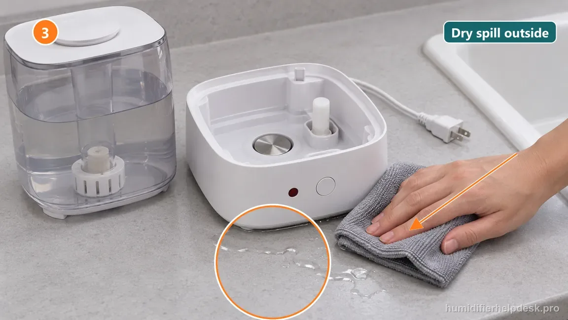 A dry cloth wipes water from the outside of the humidifier base while its plug remains disconnected.