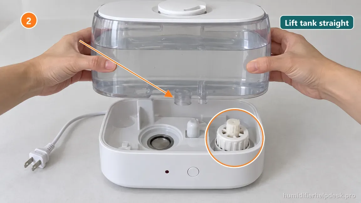 The water tank is lifted clear of the base with the humidifier unplugged and the red indicator dark.