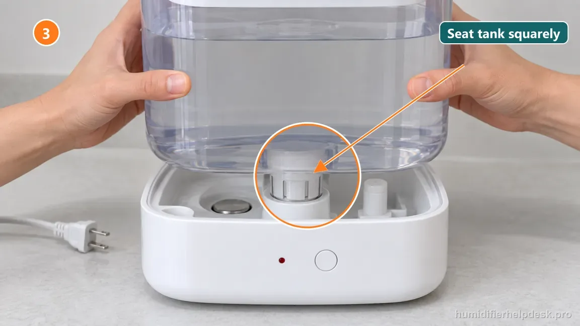 The translucent tank is lowered squarely onto the humidifier base with its edges aligned.