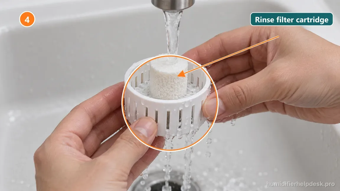 The removable round white filter assembly is rinsed at a sink with the humidifier base kept away from water.