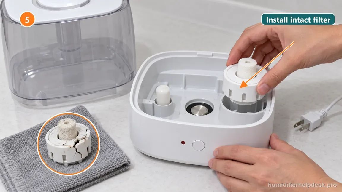 A cracked removable white filter cartridge is set beside an intact matching cartridge for replacement.