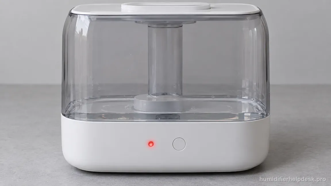 The humidifier tank is nearly empty while its small front water indicator glows red.