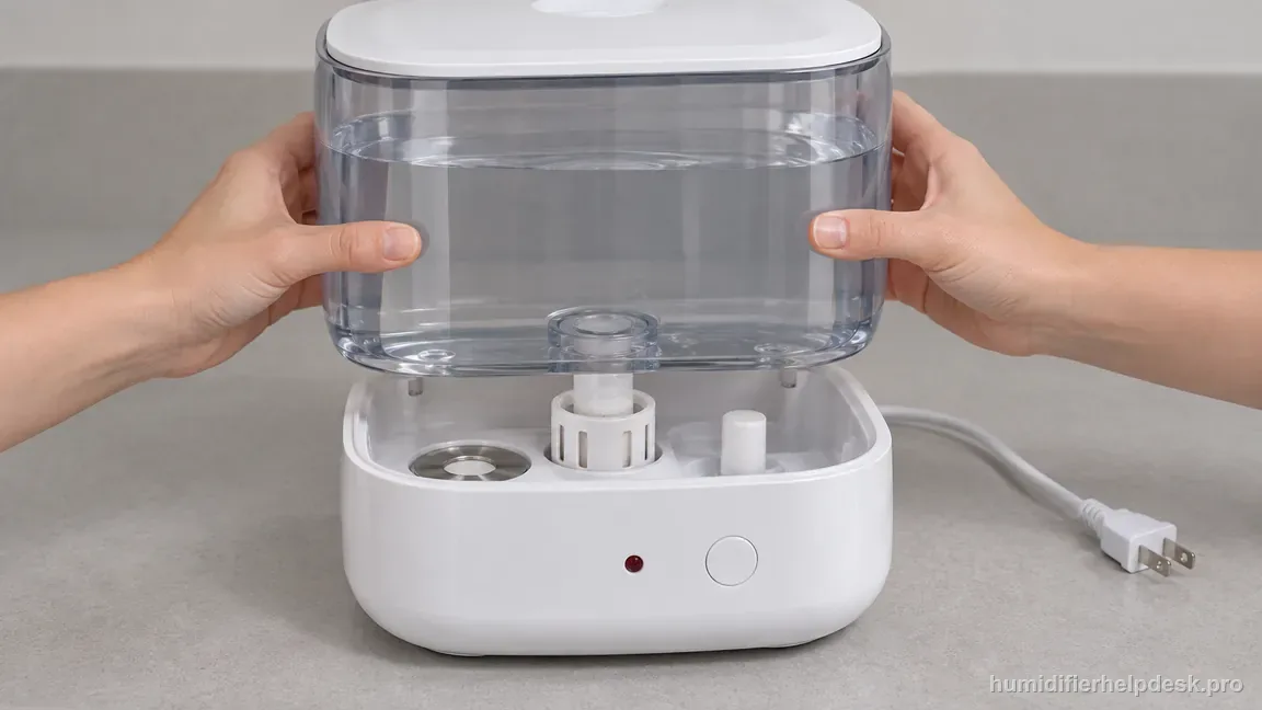 A refilled translucent tank is being seated squarely on the unplugged humidifier base.