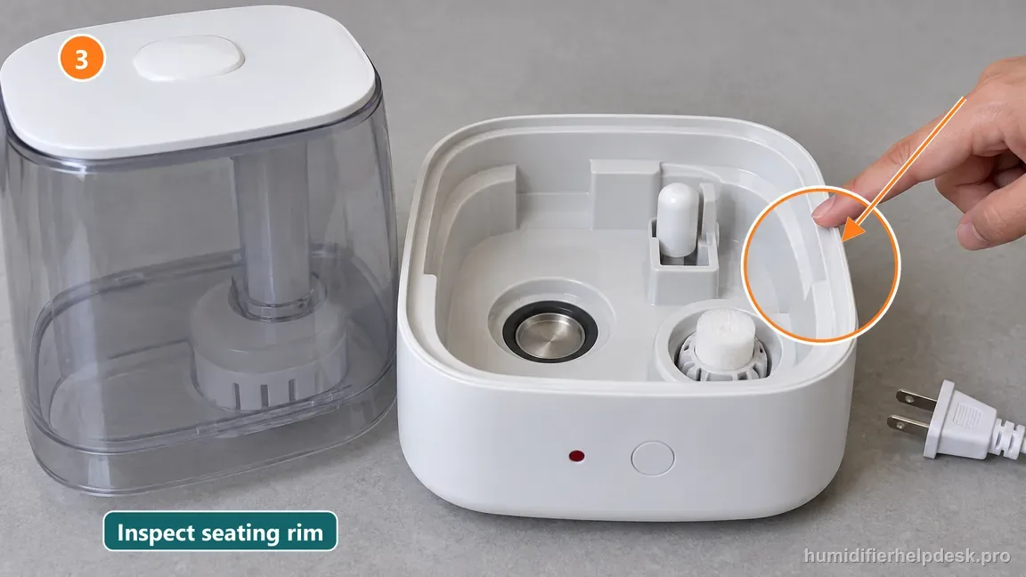 A finger points to the humidifier base seating rim and water-filter well with the tank removed.