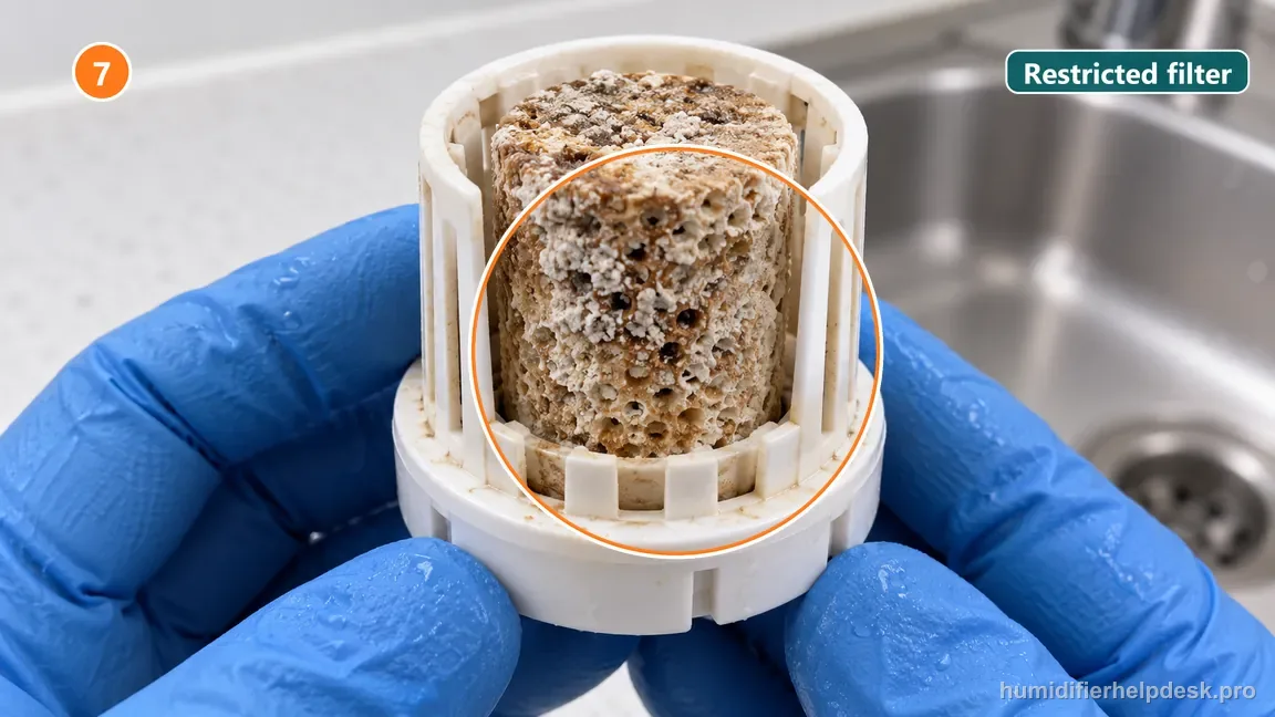 A removable humidifier filter cartridge has porous media visibly packed with mineral deposits and dark residue.